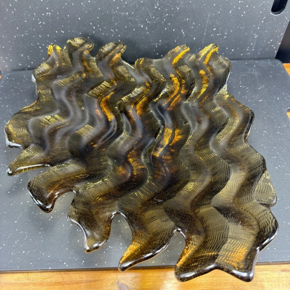 Hudson Beach Amber Gold Textured Wavy Art Glass Centerpiece Bowl 13in Blown